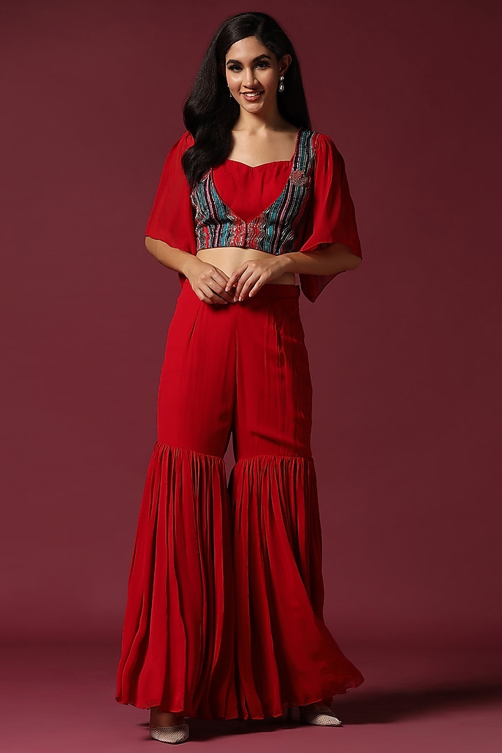 Red Georgette Gharara Set by Two Sisters By Gyans at Pernia's Pop Up Shop