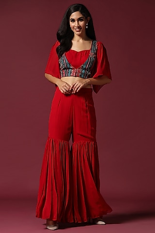 Red Georgette Gharara Set by Two Sisters By Gyans