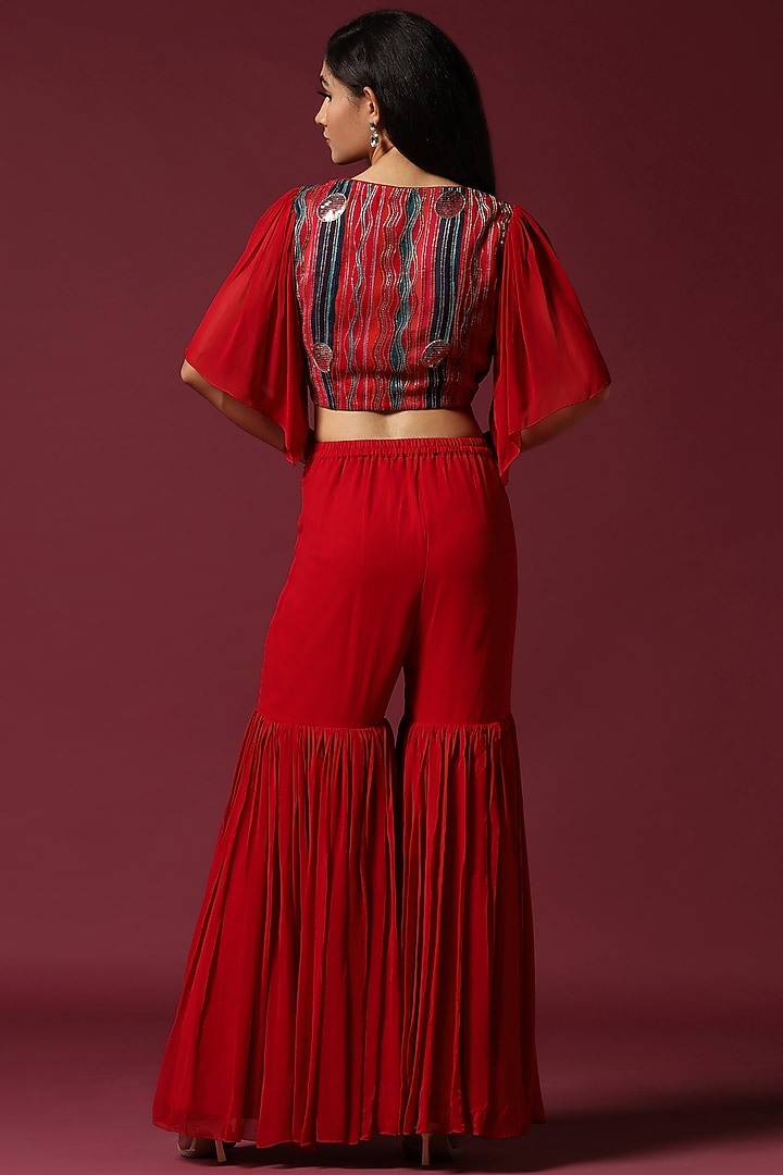 Red Georgette Gharara Set by Two Sisters By Gyans at Pernia's Pop Up Shop