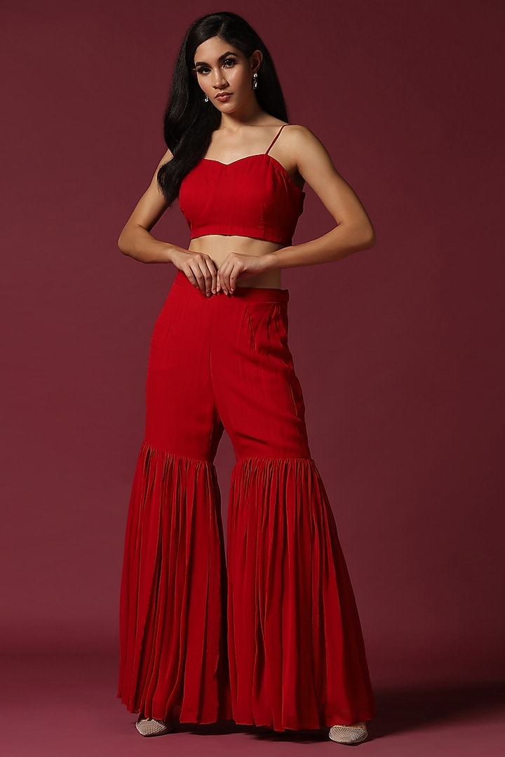 Red Georgette Gharara Set by Two Sisters By Gyans at Pernia's Pop Up Shop