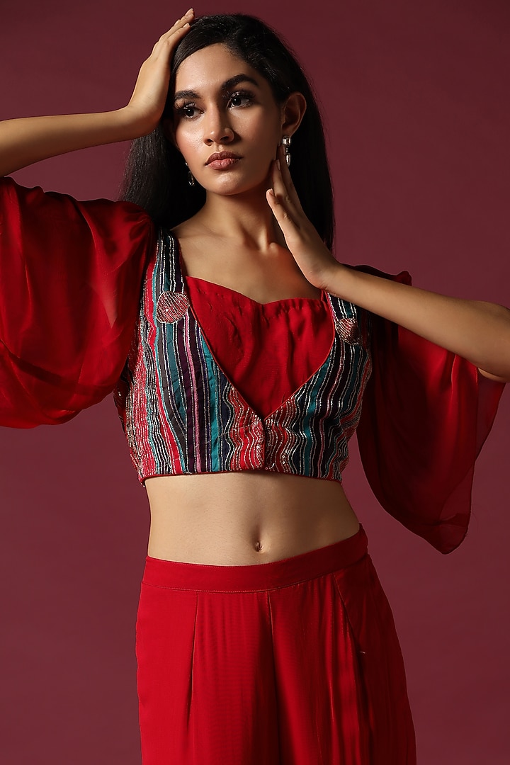 Red Georgette Gharara Set by Two Sisters By Gyans at Pernia's Pop Up Shop