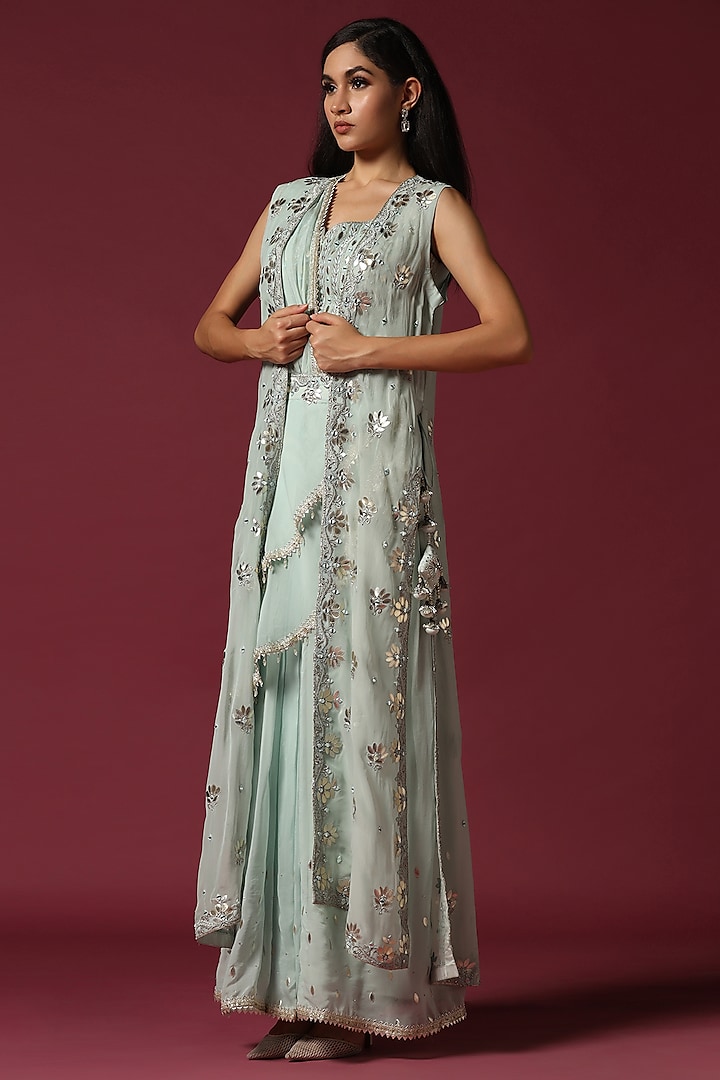 Powder Blue Georgette Gota Work Sharara Saree Set by Two Sisters By Gyans at Pernia's Pop Up Shop