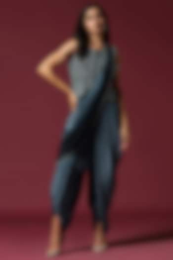 Blue Chiffon Jumpsuit Party Wear Saree Set by Two Sisters By Gyans at Pernia's Pop Up Shop