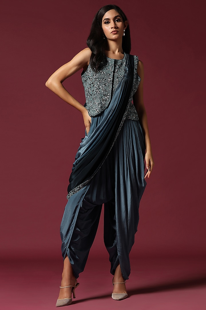Blue Chiffon Jumpsuit Party Wear Saree Set by Two Sisters By Gyans at Pernia's Pop Up Shop