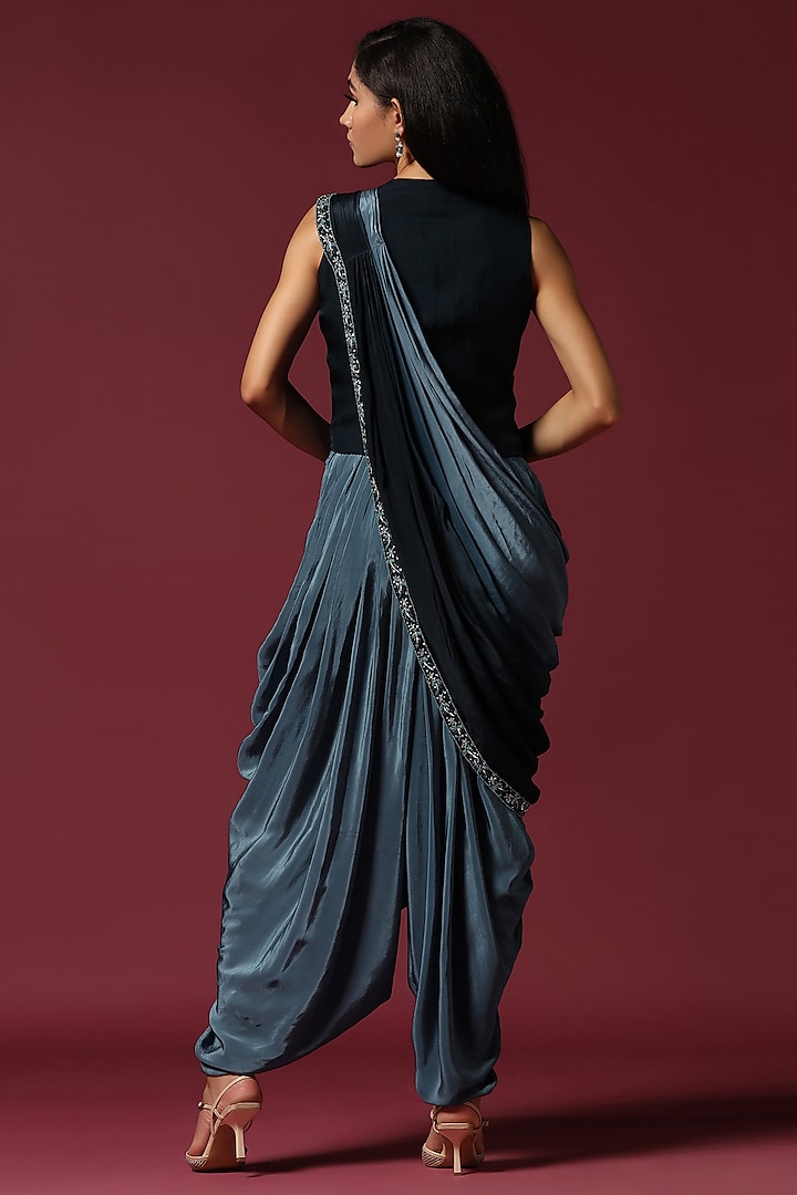 Blue Chiffon Jumpsuit Party Wear Saree Set by Two Sisters By Gyans at Pernia's Pop Up Shop