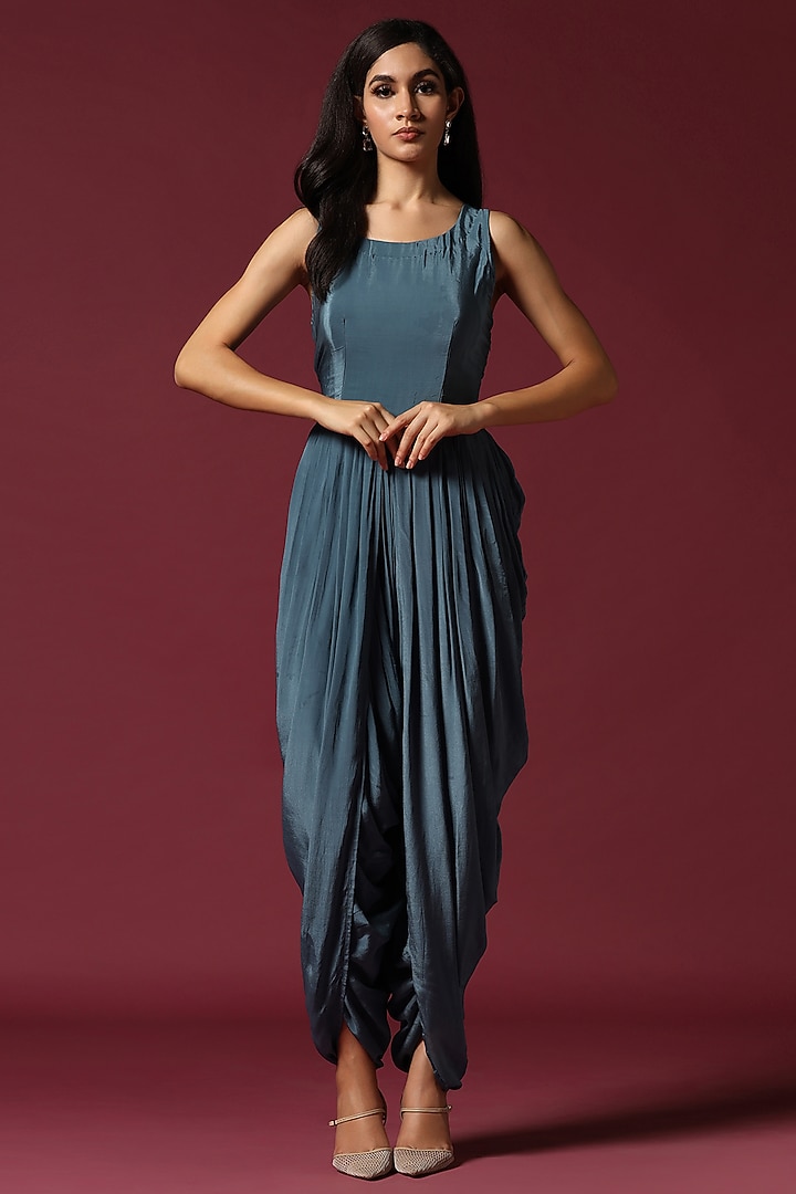 Blue Chiffon Jumpsuit Party Wear Saree Set by Two Sisters By Gyans at Pernia's Pop Up Shop