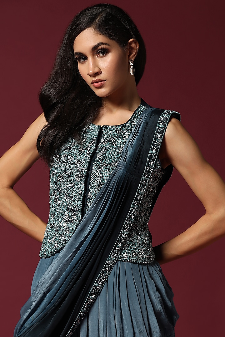 Blue Chiffon Jumpsuit Party Wear Saree Set by Two Sisters By Gyans at Pernia's Pop Up Shop