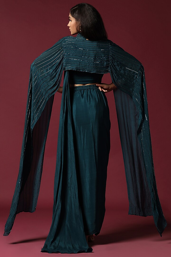 Teal Green Georgette Pre-Draped Wedding Saree Set by Two Sisters By Gyans at Pernia's Pop Up Shop