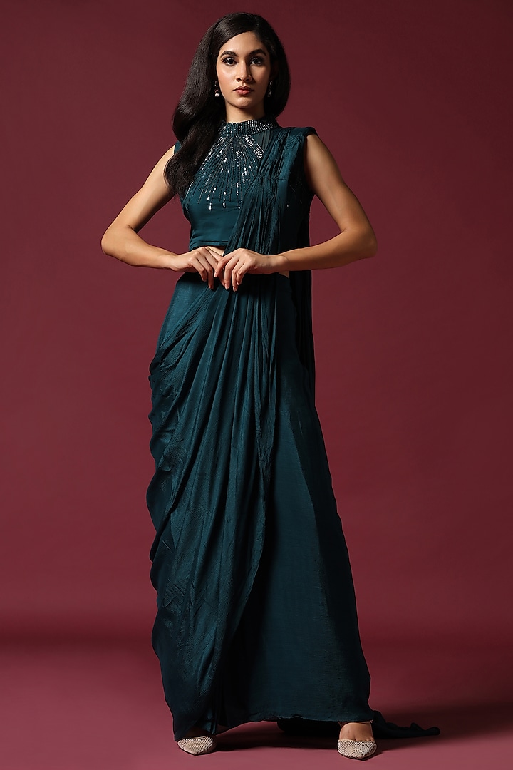 Teal Green Georgette Pre-Draped Wedding Saree Set by Two Sisters By Gyans at Pernia's Pop Up Shop