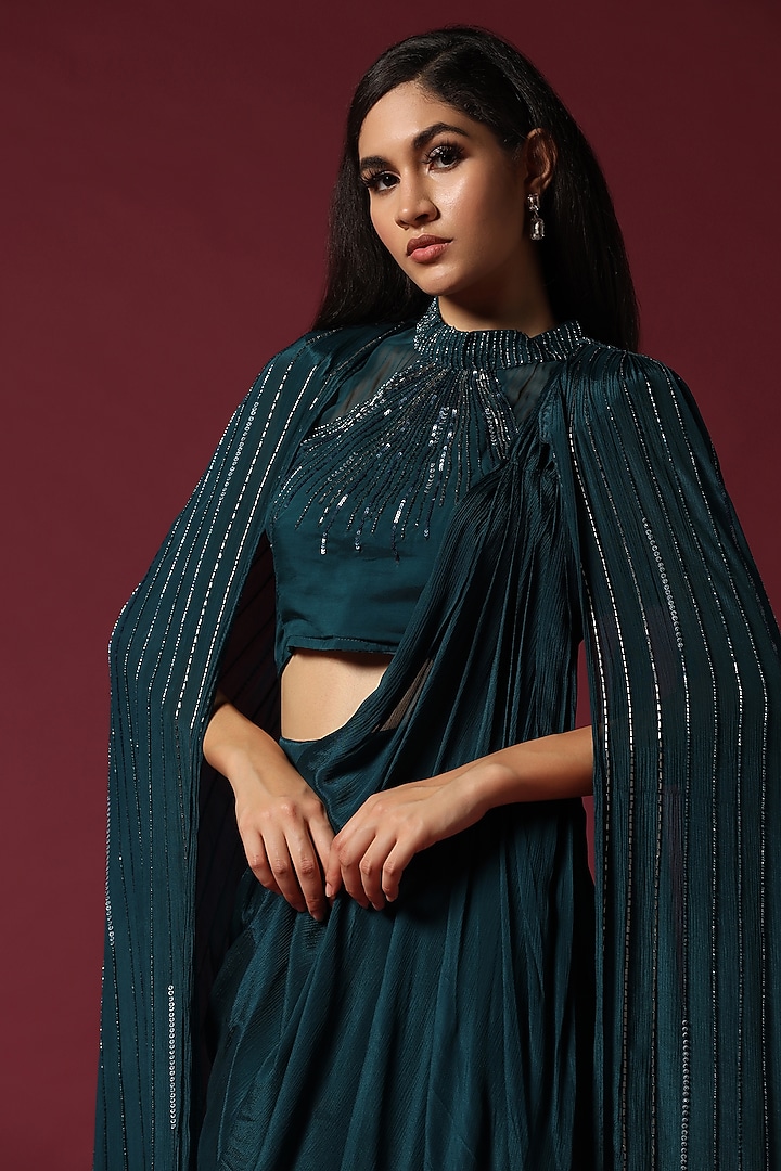 Teal Green Georgette Pre-Draped Wedding Saree Set by Two Sisters By Gyans at Pernia's Pop Up Shop