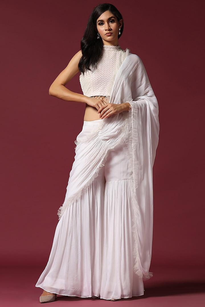 White Georgette Draped Gharara Saree Set by Two Sisters By Gyans at Pernia's Pop Up Shop