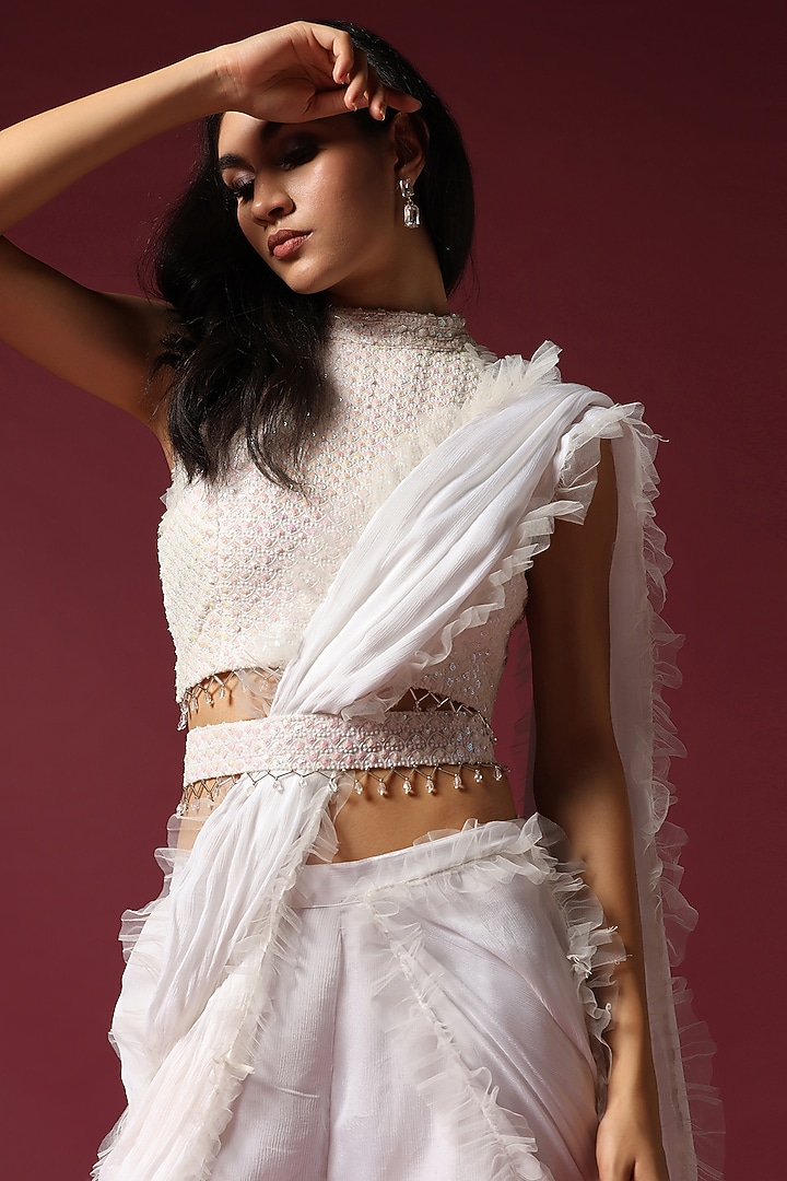 White Georgette Draped Gharara Wedding Saree Set by Two Sisters By Gyans at Pernia's Pop Up Shop