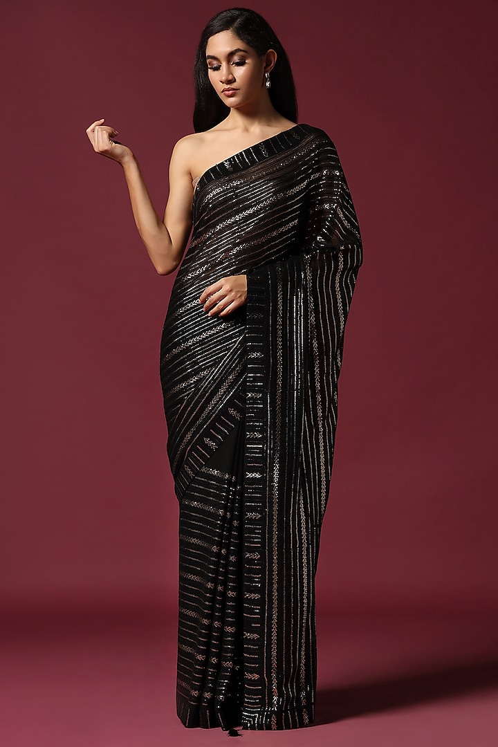 Black Georgette Sequins Work Saree Set by Two Sisters By Gyans at Pernia's Pop Up Shop