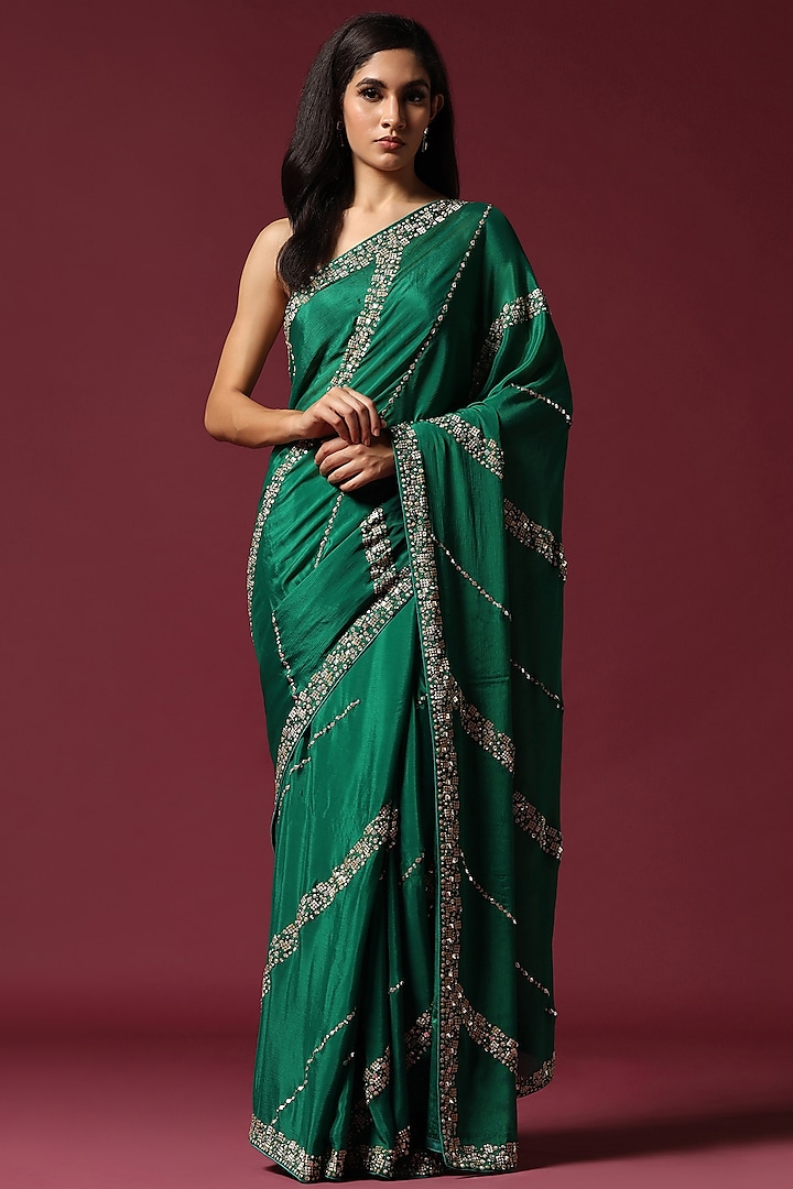 Green Georgette Hand Embroidered Saree Set by Two Sisters By Gyans at Pernia's Pop Up Shop