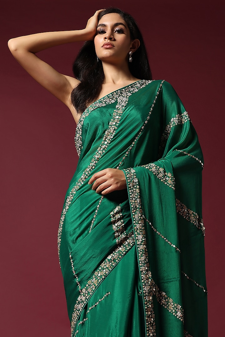 Green Georgette Hand Embroidered Wedding Saree Set by Two Sisters By Gyans at Pernia's Pop Up Shop