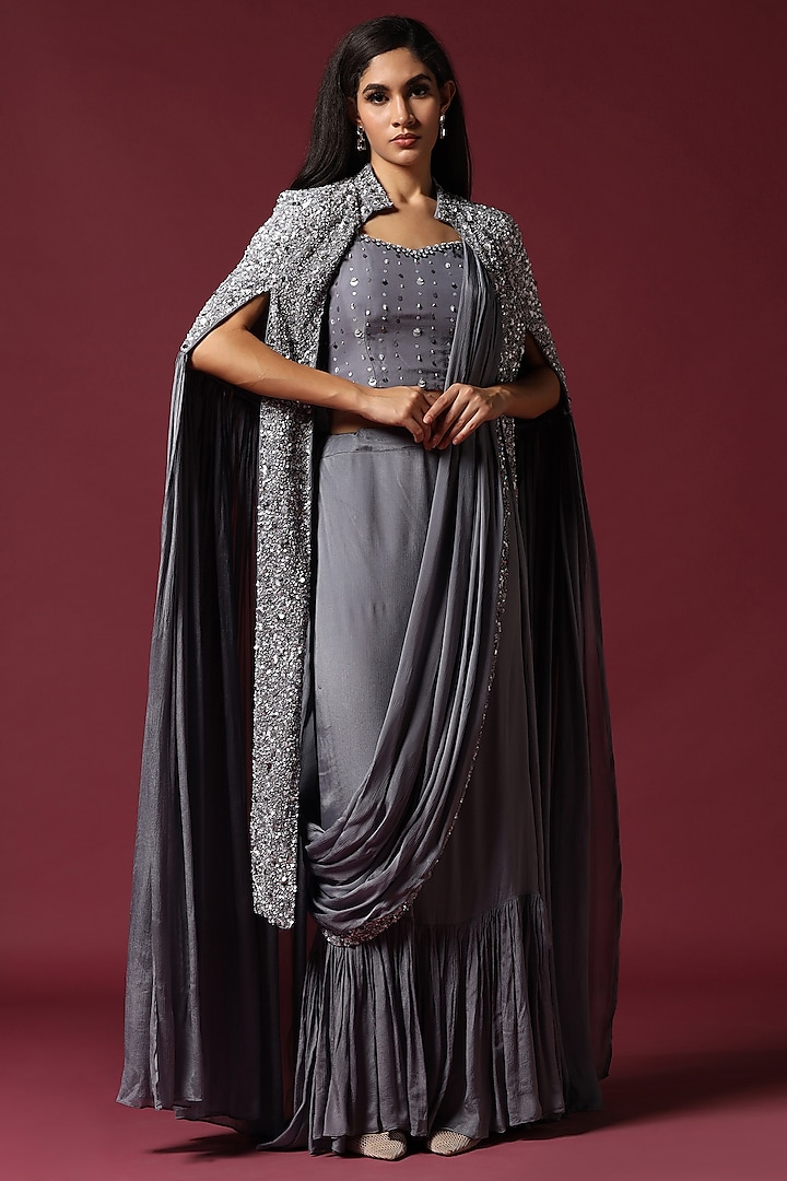 Grey Georgette Sequins Work Draped Jacket Saree Set by Two Sisters By Gyans at Pernia's Pop Up Shop