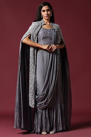 Grey Georgette Sequins Work Draped Jacket Saree Set by Two Sisters By Gyans