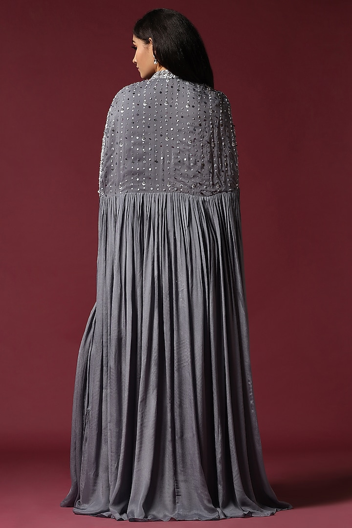 Grey Georgette Sequins Work Draped Jacket Wedding Saree Set by Two Sisters By Gyans at Pernia's Pop Up Shop