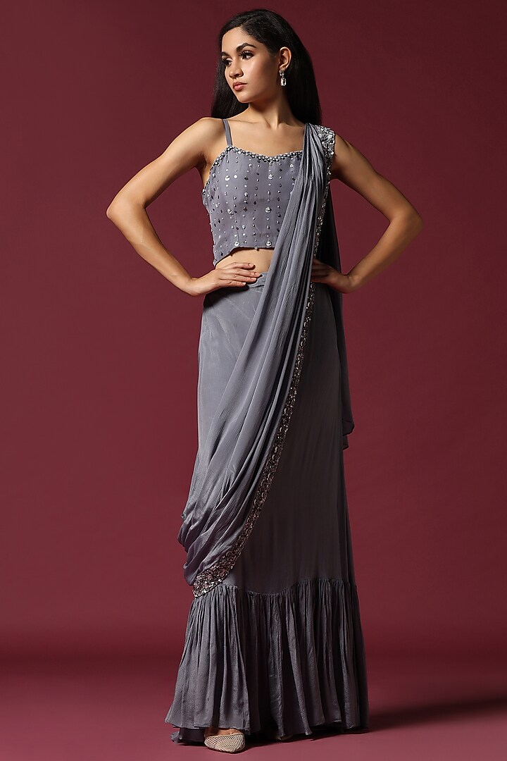 Grey Georgette Sequins Work Draped Jacket Wedding Saree Set by Two Sisters By Gyans at Pernia's Pop Up Shop