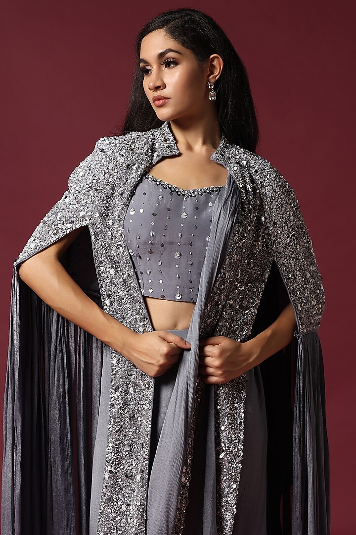 Grey Georgette Sequins Work Draped Jacket Wedding Saree Set by Two Sisters By Gyans at Pernia's Pop Up Shop