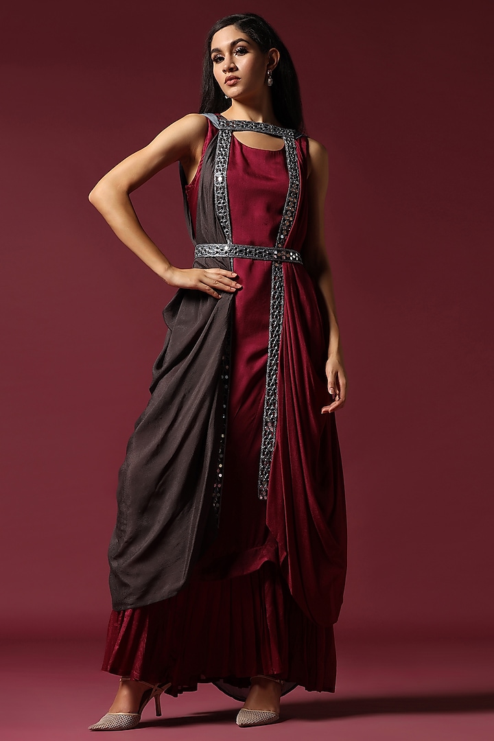 Maroon Chiffon Gown With Cape by Two Sisters By Gyans at Pernia's Pop Up Shop