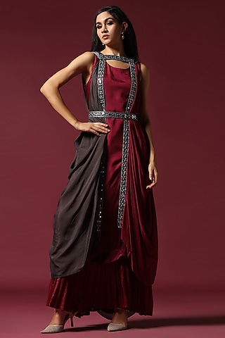 Maroon Chiffon Gown With Cape by Two Sisters By Gyans