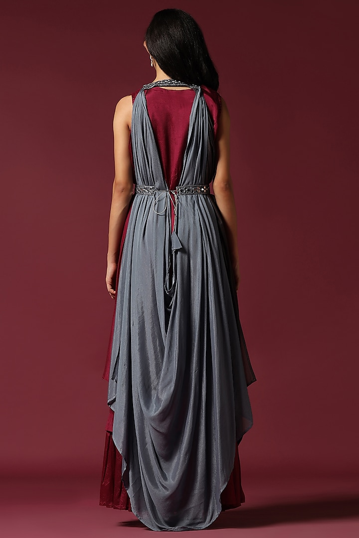 Maroon Chiffon Party Wear Gown With Cape by Two Sisters By Gyans at Pernia's Pop Up Shop