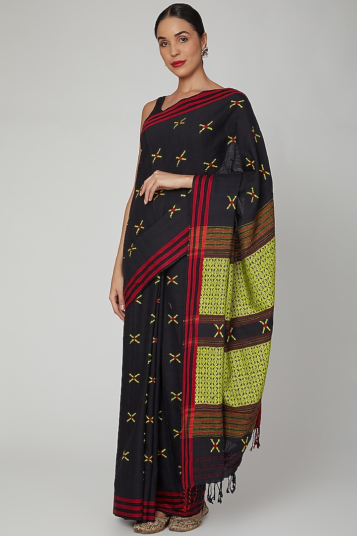Black Silk Cotton Saree Set With Naga Motifs by The Silk Chamber