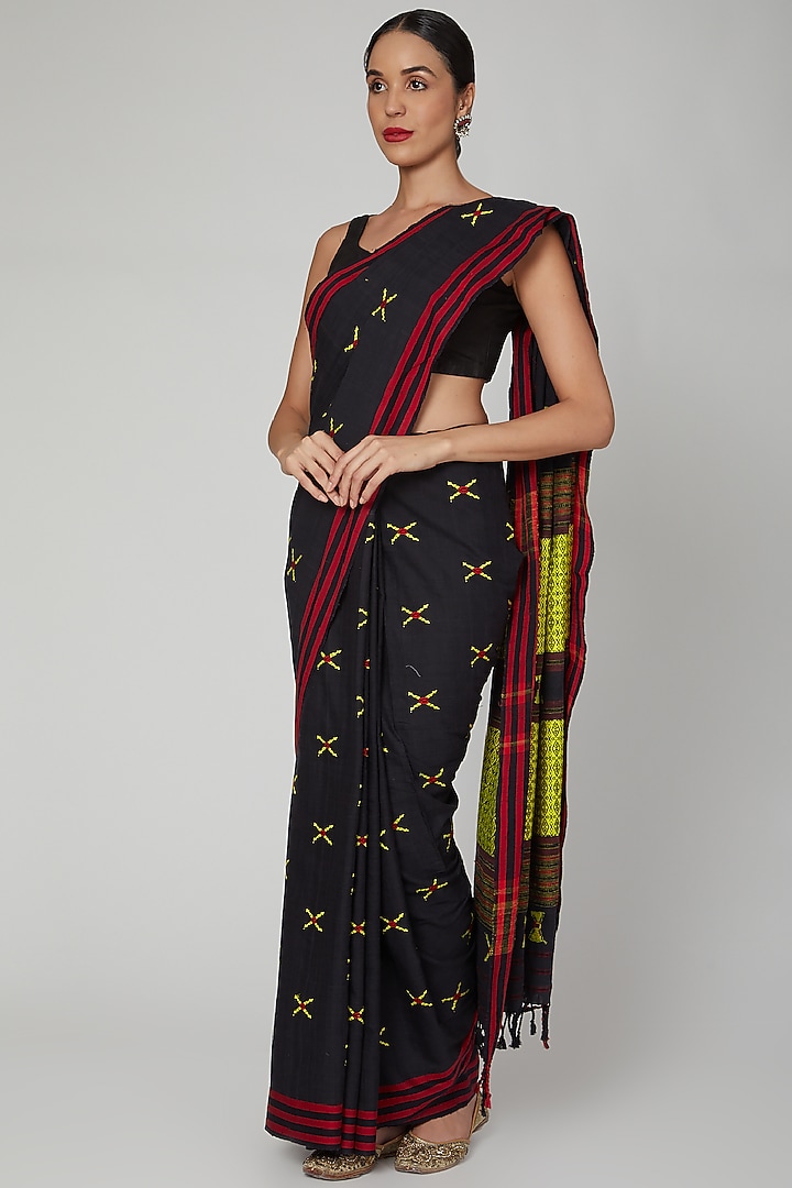 Black Silk Cotton Party Wear Saree Set With Naga Motifs by The Silk Chamber at Pernia's Pop Up Shop