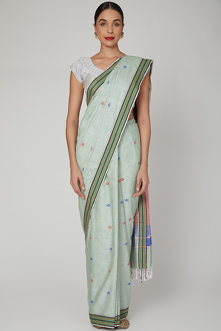 Mint Green Silk Cotton Party Wear Saree Set With Mizo Motifs by The Silk Chamber at Pernia's Pop Up Shop