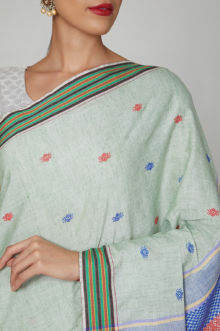 Mint Green Silk Cotton Party Wear Saree Set With Mizo Motifs by The Silk Chamber at Pernia's Pop Up Shop