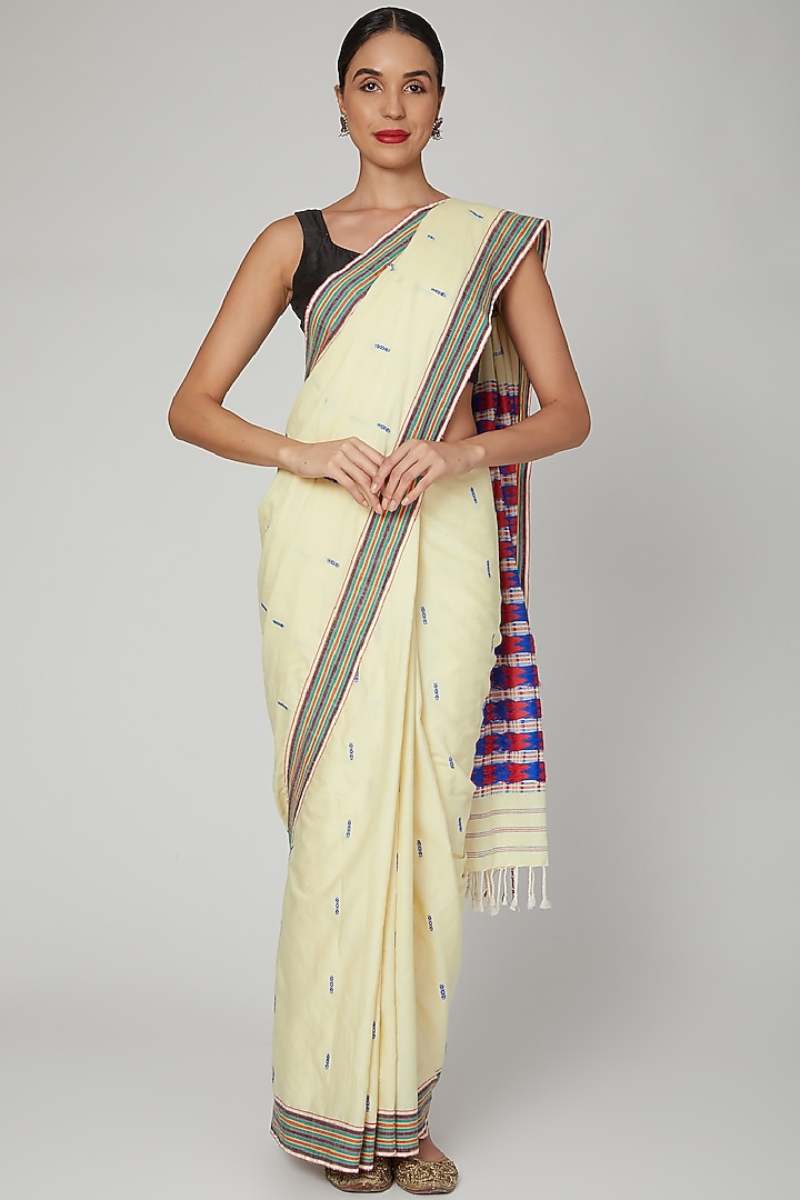 Beige Silk Cotton Party Wear Saree Set With Mizo Motifs by The Silk Chamber at Pernia's Pop Up Shop