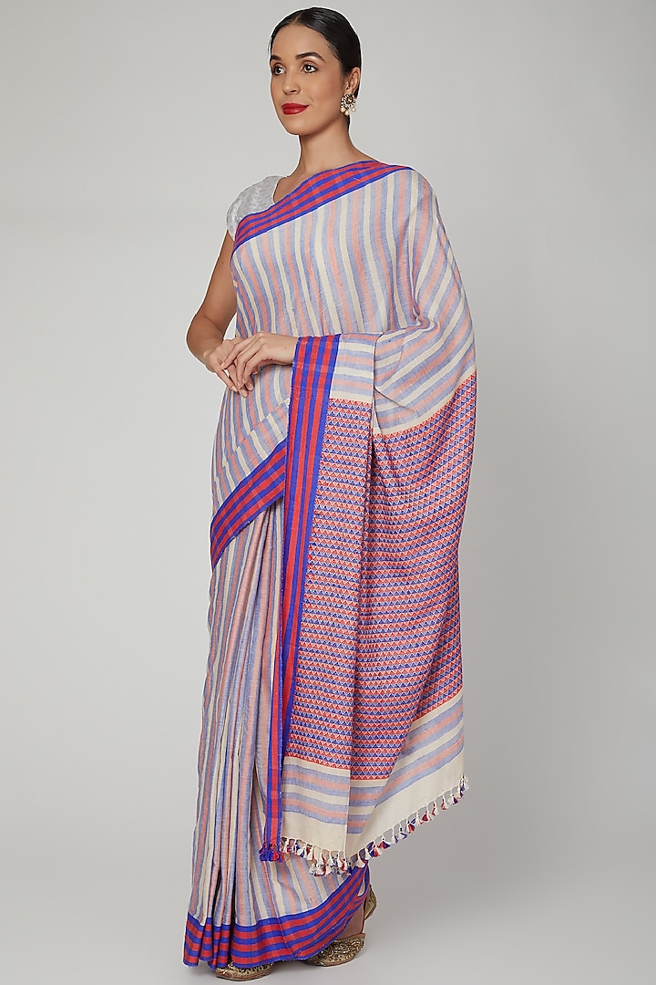 Blue & Red Striped Silk Cotton Saree Set With Motifs of Meghalaya by The Silk Chamber