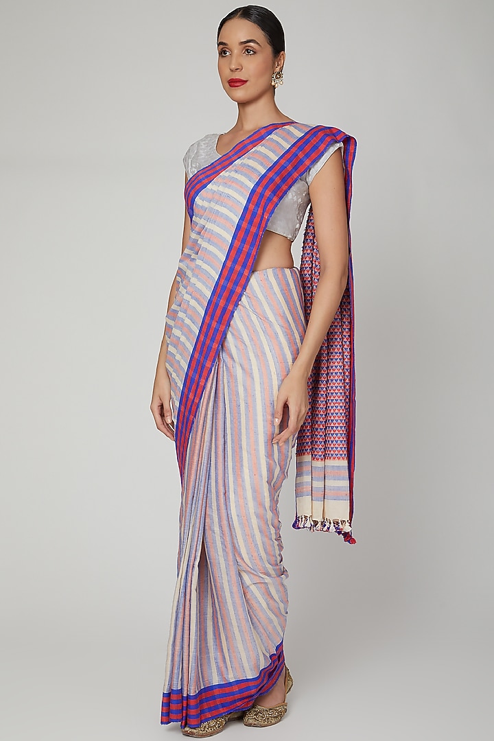 Blue & Red Striped Silk Cotton Party Wear Saree Set With Motifs of Meghalaya by The Silk Chamber at Pernia's Pop Up Shop