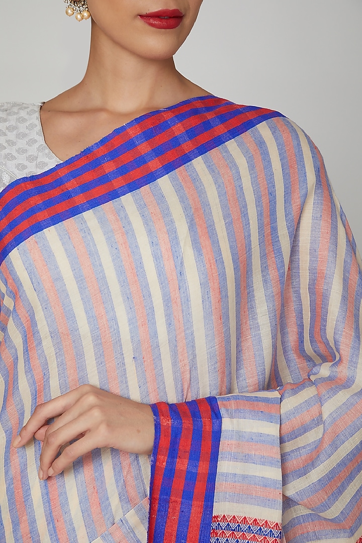 Blue & Red Striped Silk Cotton Party Wear Saree Set With Motifs of Meghalaya by The Silk Chamber at Pernia's Pop Up Shop