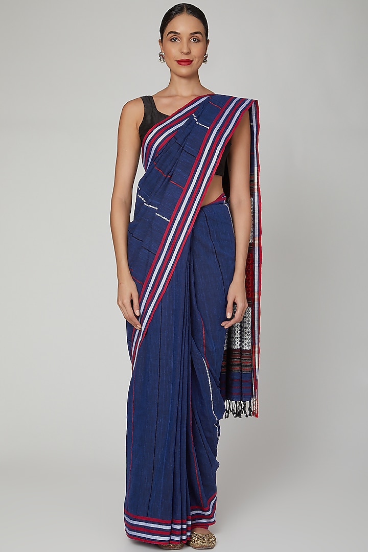 Navy Blue Silk Cotton Party Wear Saree Set With Naga Motifs by The Silk Chamber at Pernia's Pop Up Shop