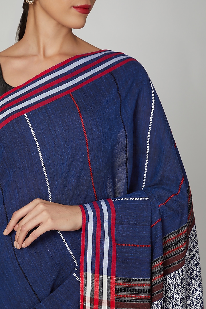 Navy Blue Silk Cotton Party Wear Saree Set With Naga Motifs by The Silk Chamber at Pernia's Pop Up Shop