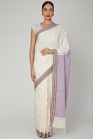 Off White Silk Cotton Saree Set With Mizo Motifs by The Silk Chamber