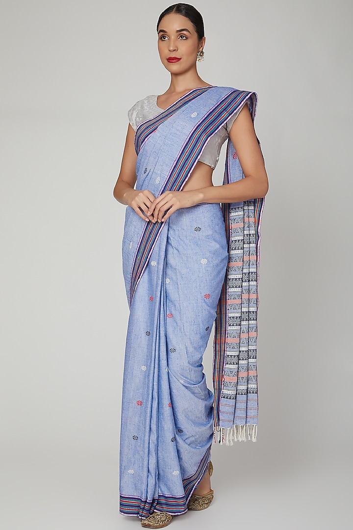 Blue Silk Cotton Party Wear Saree Set With Mizo Motifs by The Silk Chamber at Pernia's Pop Up Shop