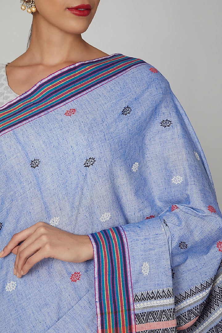Blue Silk Cotton Party Wear Saree Set With Mizo Motifs by The Silk Chamber at Pernia's Pop Up Shop