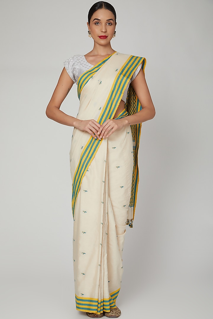 Cream Silk Cotton Party Wear Saree Set With Motifs of Meghalaya by The Silk Chamber at Pernia's Pop Up Shop