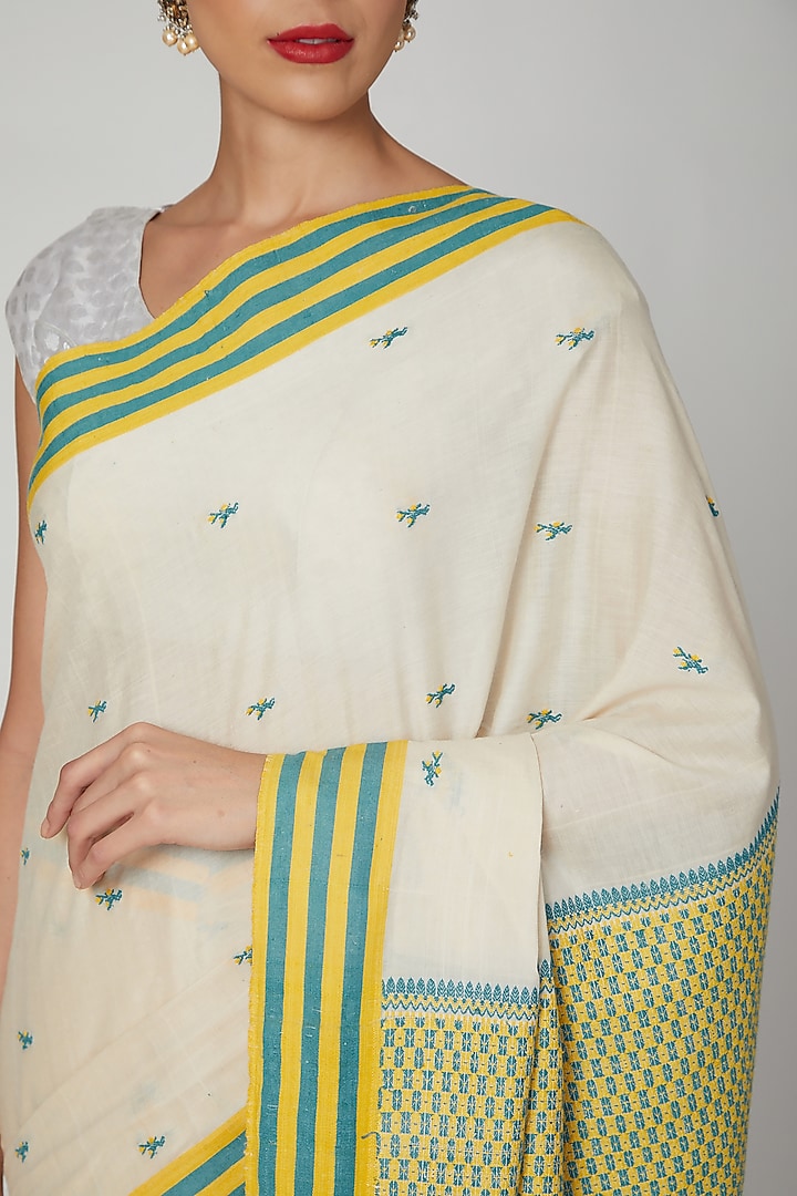 Cream Silk Cotton Party Wear Saree Set With Motifs of Meghalaya by The Silk Chamber at Pernia's Pop Up Shop