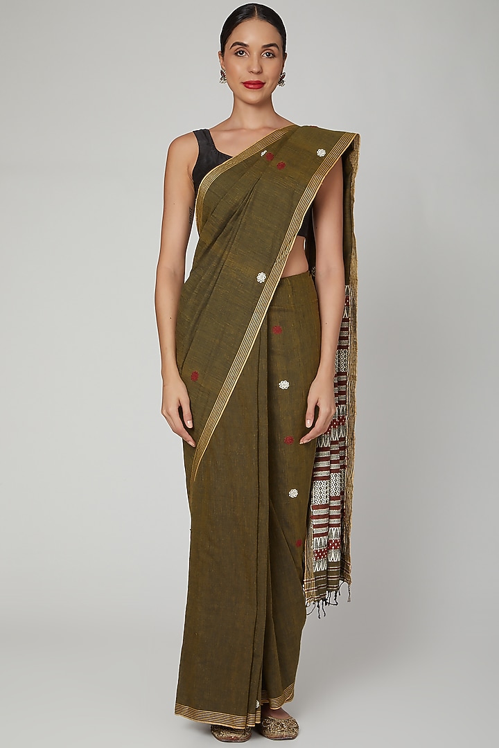 Onion Skin Dyed Silk Festive Saree Set With Bodo Tribal Motifs by The Silk Chamber at Pernia's Pop Up Shop