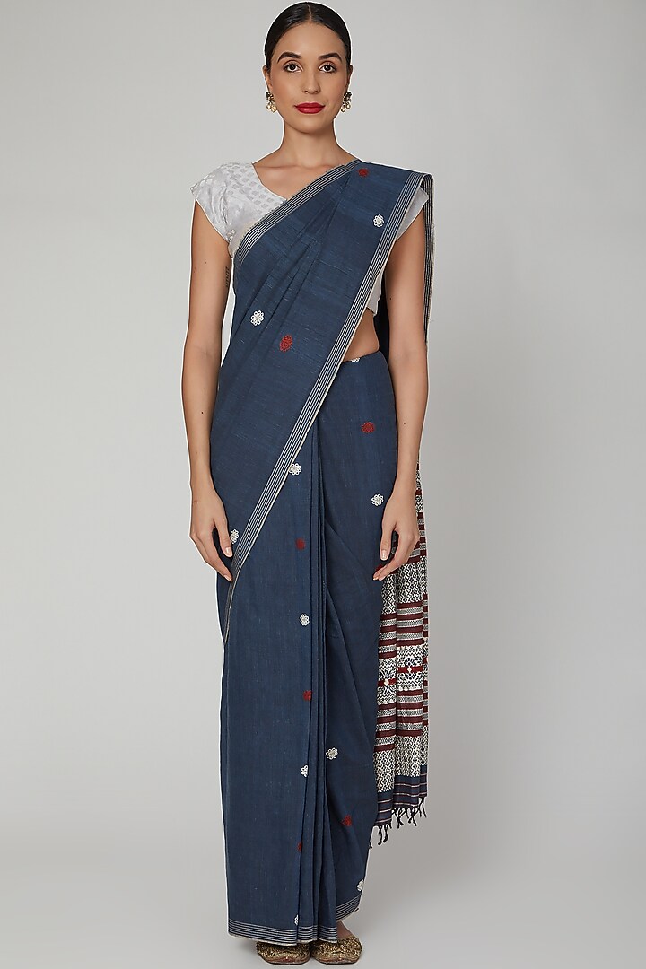 Indigo Blue Dyed Silk Festive Saree Set With Bodo Tribal Motifs by The Silk Chamber at Pernia's Pop Up Shop