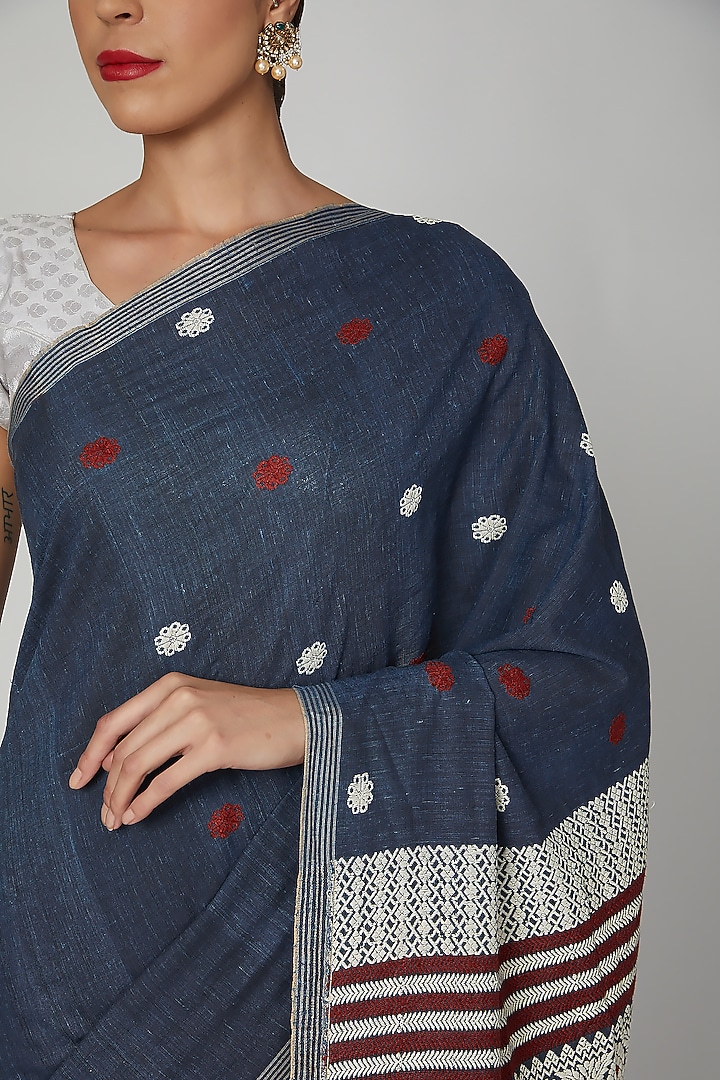 Indigo Blue Dyed Silk Festive Saree Set With Bodo Tribal Motifs by The Silk Chamber at Pernia's Pop Up Shop