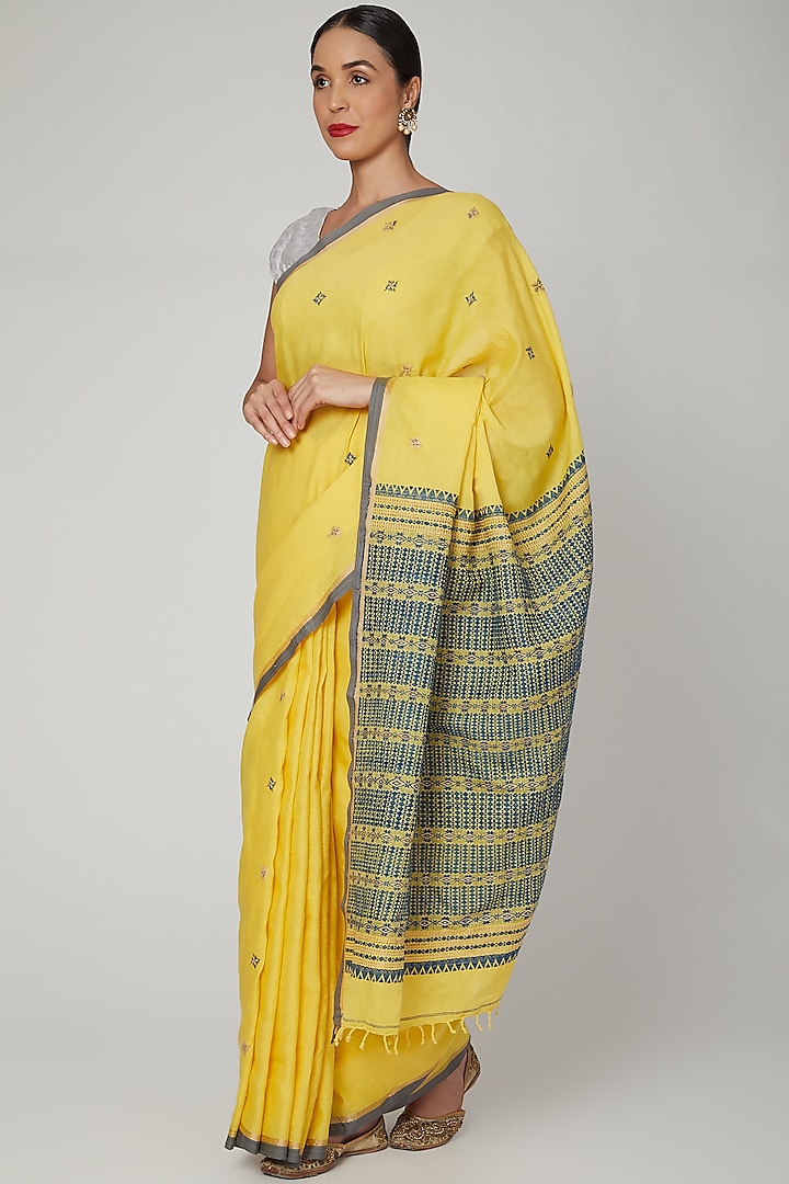Canary Yellow Silk Cotton Saree Set With Indigo Dyed Motifs by The Silk Chamber