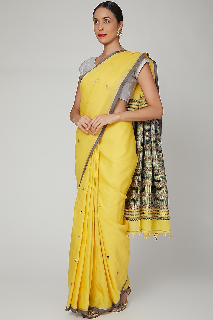 Canary Yellow Silk Cotton Festive Saree Set With Indigo Dyed Motifs by The Silk Chamber at Pernia's Pop Up Shop
