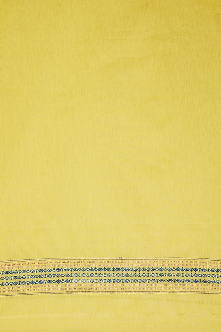 Canary Yellow Silk Cotton Festive Saree Set With Indigo Dyed Motifs by The Silk Chamber at Pernia's Pop Up Shop