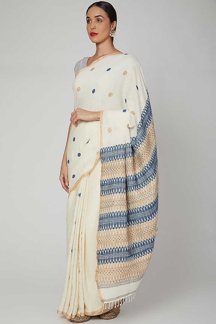 White Eri Silk Saree Set With Indigo Dyed & Muga Silk Motifs by The Silk Chamber