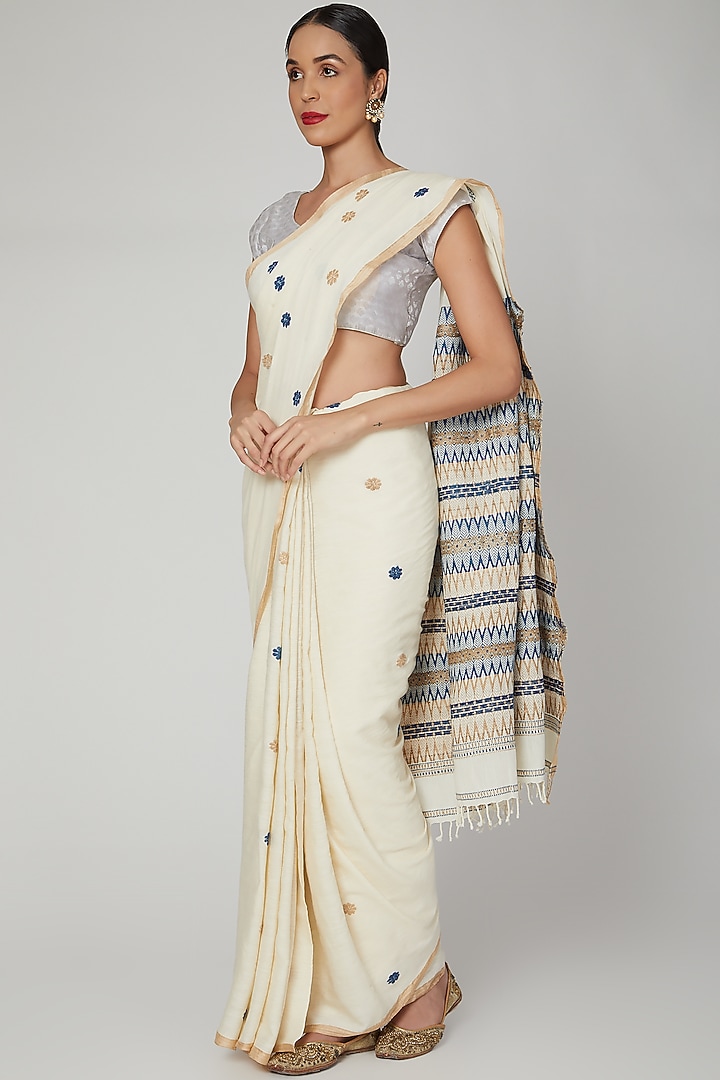 White Eri Silk Party Wear Saree Set With Indigo Dyed & Muga Silk Motifs by The Silk Chamber at Pernia's Pop Up Shop